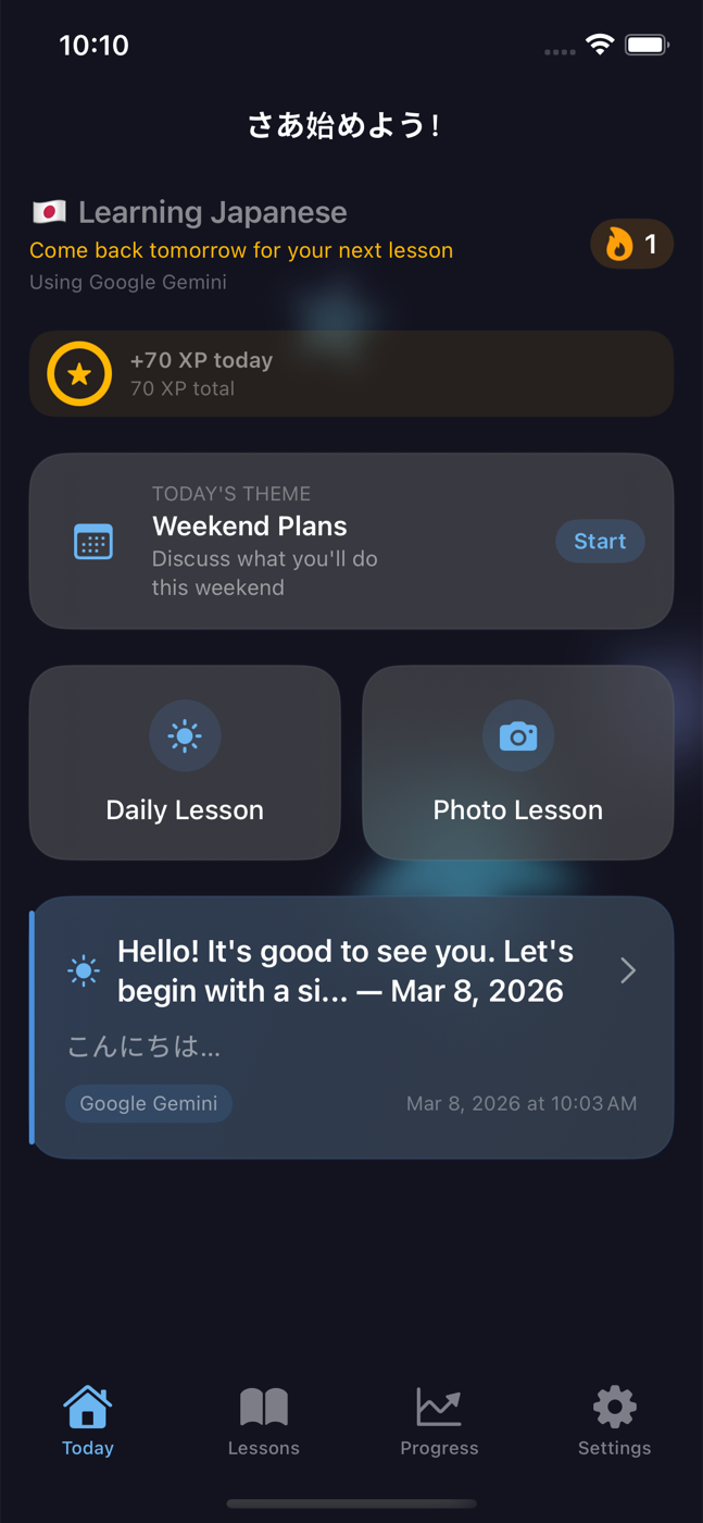Today dashboard with daily lessons
